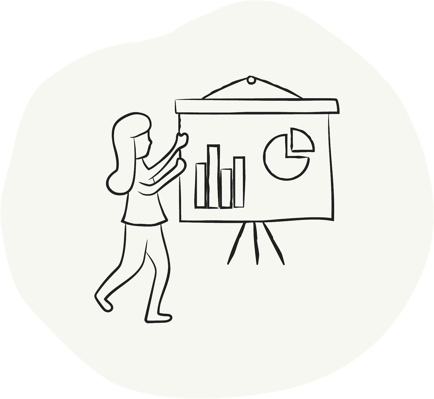 An illustration of a person presenting survey results on a poster with bar charts and pie graphs