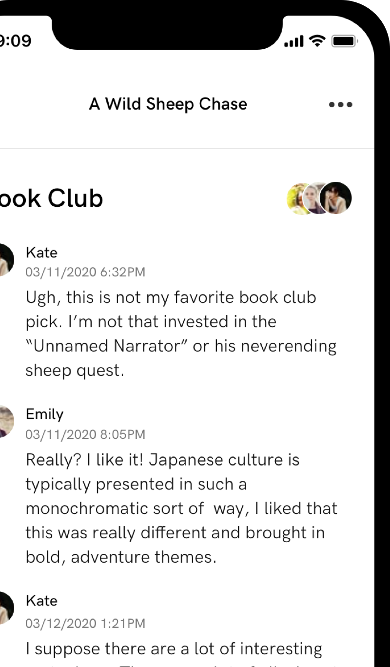 A screenshot of the app Group Reads feature where you can discuss books together with others online