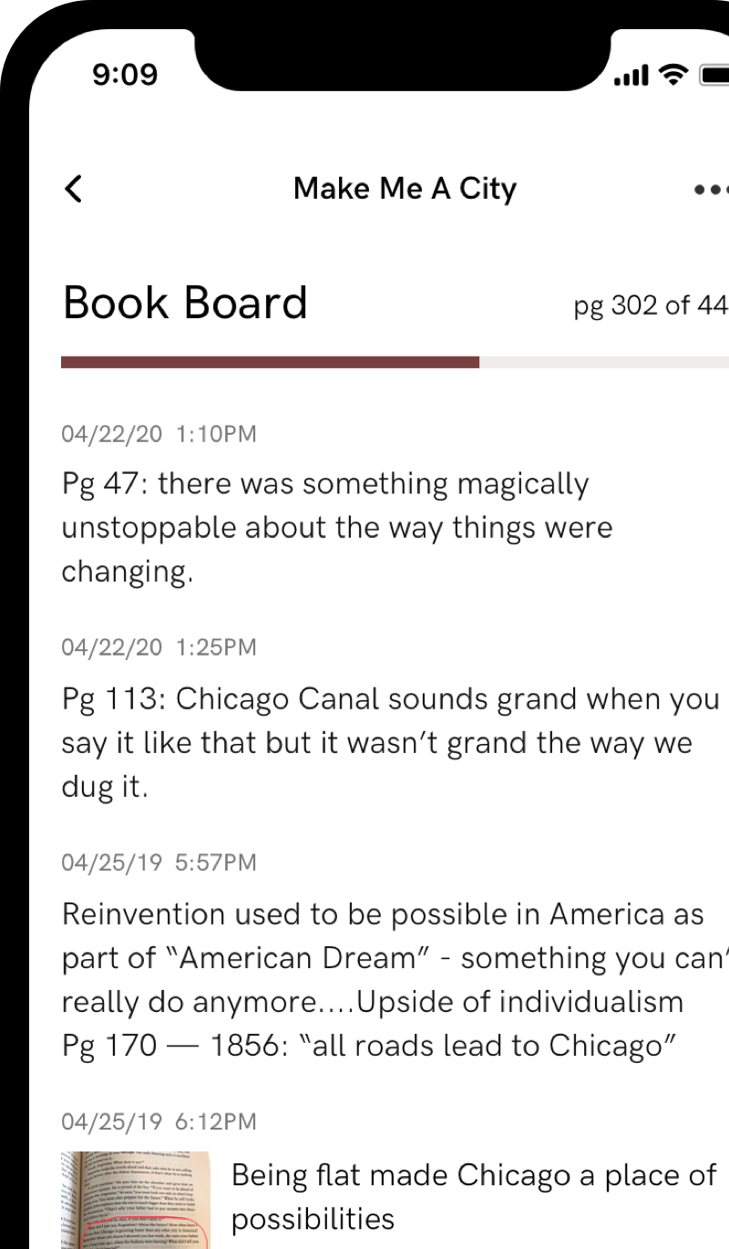 A screenshot of the app Bookboard, a place to put all your notes while you are reading a book