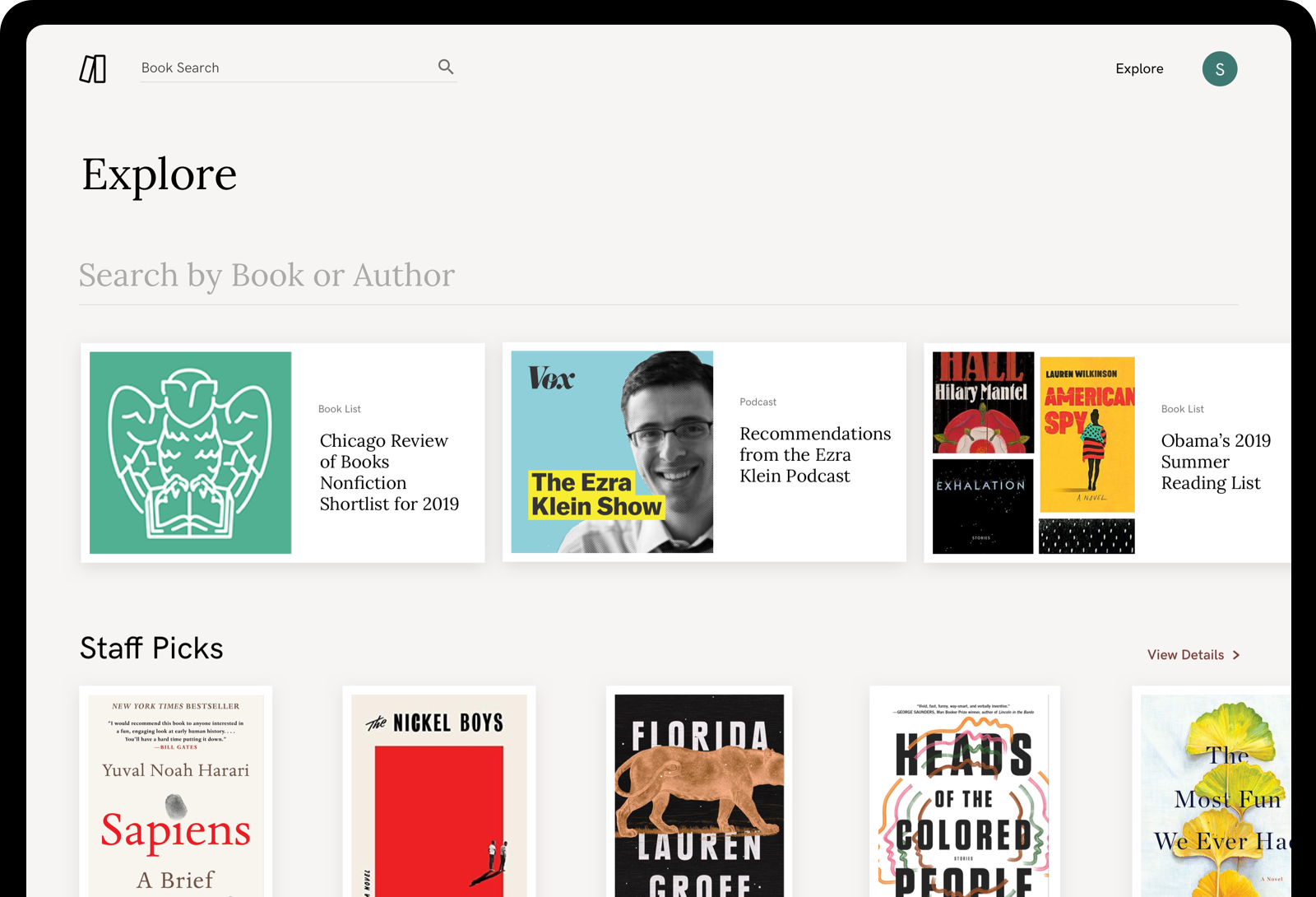 A screenshot of the app Explore Page where you can browse curated lists of books