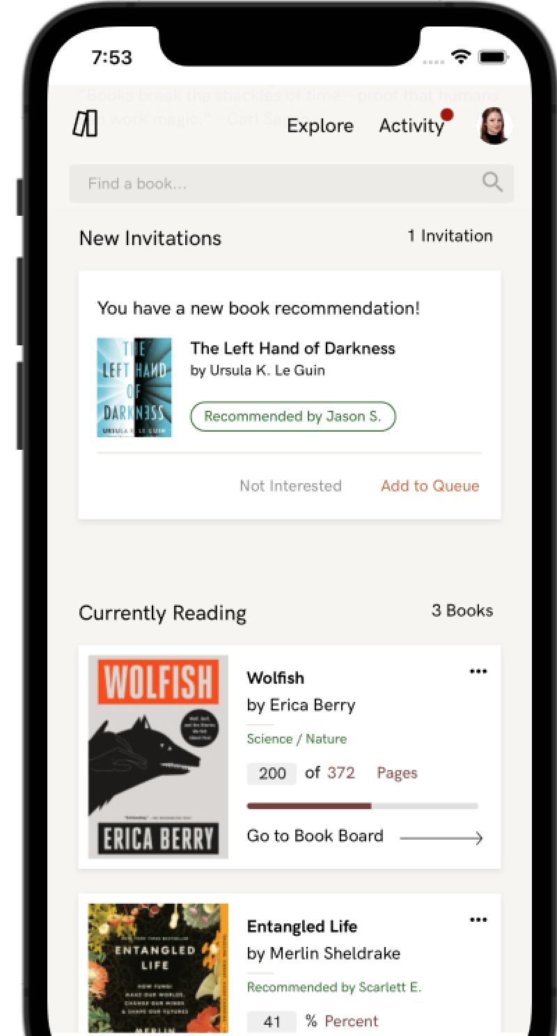 A screenshot of the app Bookboard, a place to put all your notes while you are reading a book