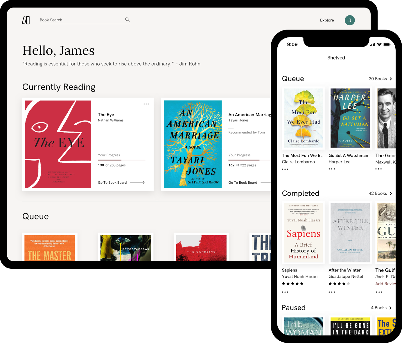 A screenshot of the home screen of the Italic Type reading app with digital shelves of books displayed